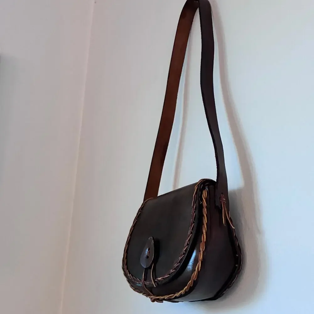 Vintage Handmade Brown Leather Saddle Bag Crossbody | Boho Western Artisan Purse - Picture 4 of 16